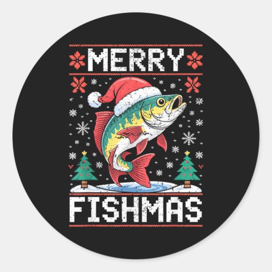 Merry Fishmas Ugly Christmas Sweater Fishing Lover Ronde Sticker (Voorkant)
