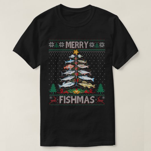 Merry Fishmas Ugly Sweater Fish Vist Rod Christus T-shirt (Design voorkant)