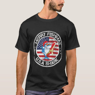 Merry Fishmas USA Flag Grote Witte Haai T-shirt