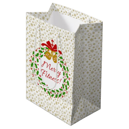 Merry Fitness met Gold Snowflakes Gift Bag Medium Cadeauzakje (Voorkant Gekanteld)