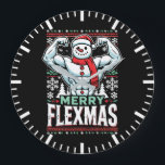 Merry Flexmas - Snowman Flexing Christmas Gym Grote Klok<br><div class="desc">Omarm de feestelijke geest en sportschool met dit hilarische "Merry Flexmas" -ontwerp! Met een gescheurde sneeuwman met uitpuilende biceps, omringd door feestelijke elementen zoals sneeuwvlokken, kerstbomen en vakantiepatronen, is dit ontwerp perfect voor iedereen die weigert zijn training over te slaan, zelfs tijdens de feestdagen. Of je nu een fitnessliefhebber, bodybuilder...</div>