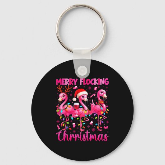 Merry Flocking Christmas Flamingo Drink Pjs Xmas M Sleutelhanger (Voorkant)