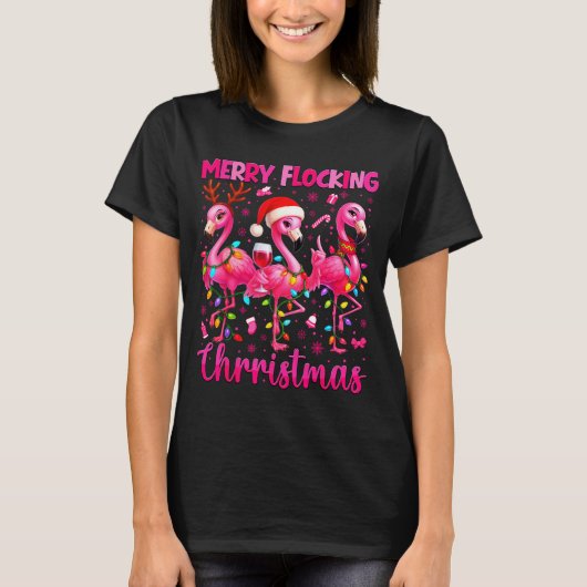 Merry Flocking Christmas Flamingo Drink Pjs Xmas M T-shirt (Voorkant)
