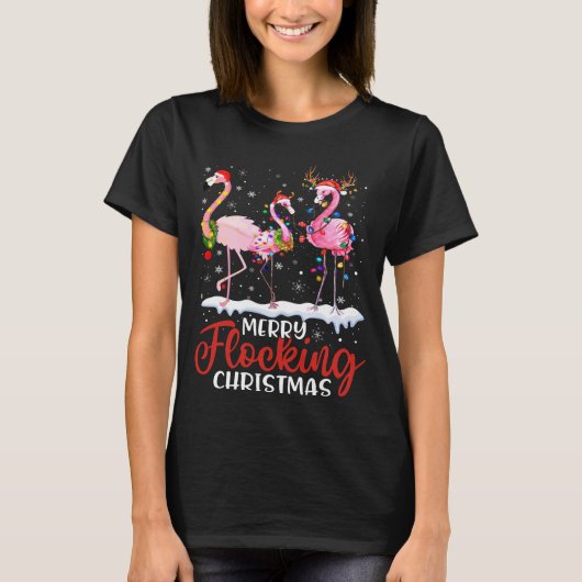Merry Flocking Christmas Reindeer Santa Flamingo  T-shirt (Voorkant)