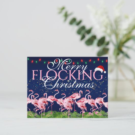 Merry Flocking Kerstroze Flamingo Feestdagenkaart (Staand voorkant)