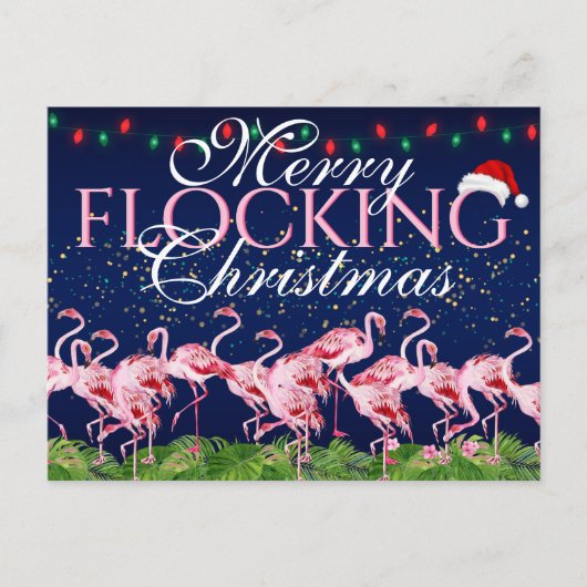 Merry Flocking Kerstroze Flamingo Feestdagenkaart (Voorkant)