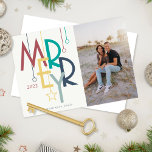 Merry Foto  Bright Colorful Feestdagenkaart<br><div class="desc">Viel 100 jaar in 2022 met deze kleurrijke vintage decostijl van 1920, "Merry", 7 x 5" platte wenskaarten met placeholders voor uw vier (4) van uw favoriete foto's, naam en jaar. Één foto is op de voorste 2:3 verhouding, twee op de rug vierkant zijn, is het centrum 2:3 verhouding. De...</div>