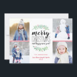 Merry Garland Holiday 4 Photo Collage Card Feestdagenkaart<br><div class="desc">Stijlvolle en feestelijke vakantiekaart met een gestapelde typografie: "Vrolijk kerstfeest en gelukkig nieuw jaar". Pas uw eigen foto's en tekst aan. Met onze exclusieve handbeschilderde waterverf lauweren met rode bessen. Wordt geleverd met een trendy rood geo patroon op de achterzijde voor een extra speciale aanraking.</div>
