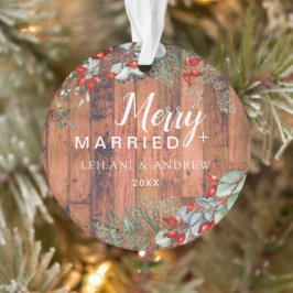 Merry getrouwd Holly Greenery Kerst Rustiek Ornament