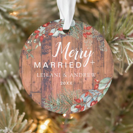 Merry getrouwd Holly Greenery Kerst Rustiek Ornament (Boom)