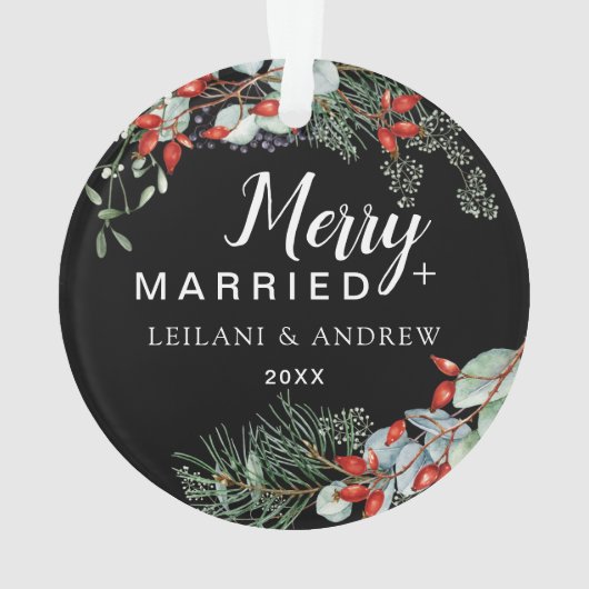 Merry Getrouwd Holly Greenery Kerst Zwart Ornament (achterkant)