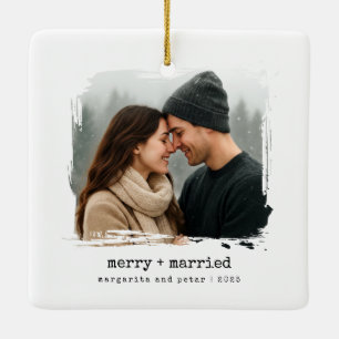 Merry + Getrouwde Pas getrouwd Eerste Kerstfoto Keramisch Ornament