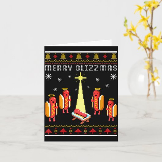 Merry Glizzmas Hot Dog Funny Ugly Christmas Sweate Kaart (Gele Bloem)
