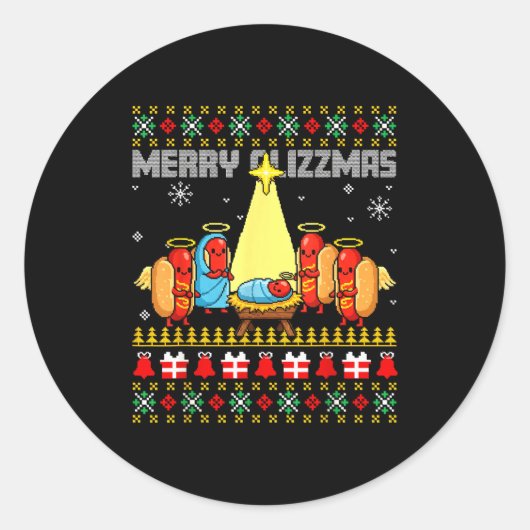 Merry Glizzmas Ugly Christmas Sweaters Hot Dogs Xm Ronde Sticker (Voorkant)