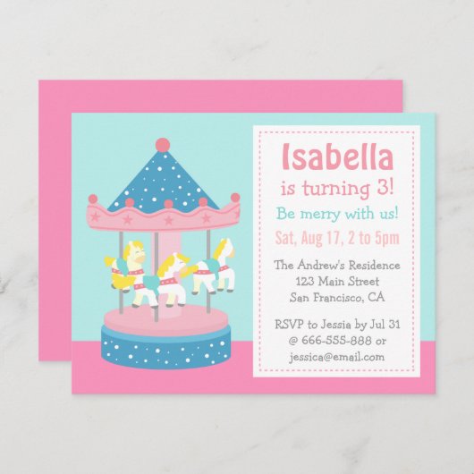 Merry Go Round, Carousel Birthday Party Invitation Kaart (Voorkant / Achterkant)