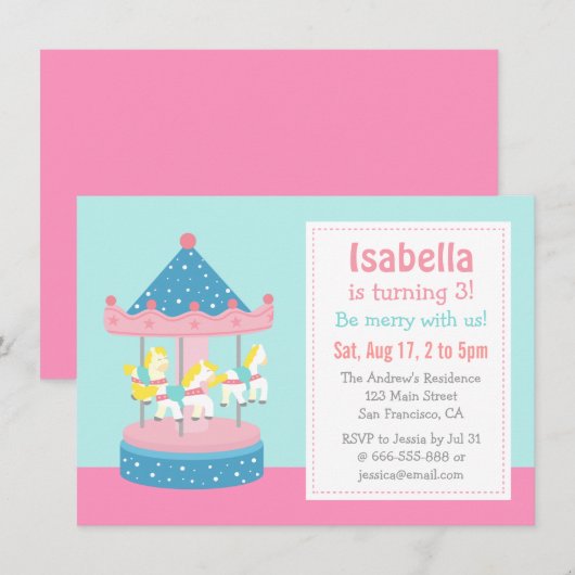 Merry Go Round, Carousel Birthday Party Invitation Kaart (Voorkant / Achterkant)