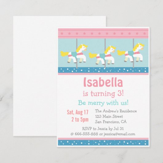 Merry Go Round, Carousel Birthday Party Invitation Kaart (Voorkant / Achterkant)