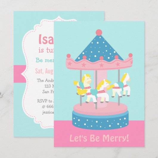 Merry Go Round, Carousel Birthday Party Invitation Kaart (Voorkant / Achterkant)