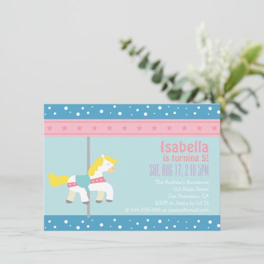 Merry Go Round, Girl Carousel Birthday Party Kaart (Staand voorkant)