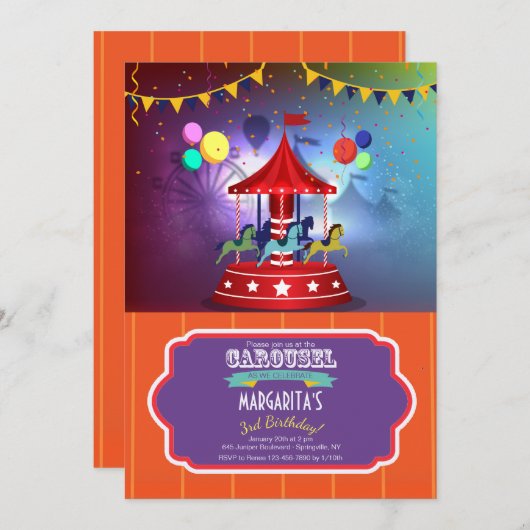 Merry Go Round Invitation Kaart (Voorkant / Achterkant)