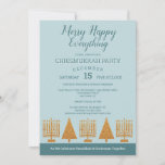 Merry Gold Blue Chrismukkah Holiday Party<br><div class="desc">Ontwerp deze Merry Happy Chrismukkah feestelijke uitnodigingen met uw evenementdetails over dit eenvoudige moderne interreligieuze ontwerp van faux gold Hanukkah Menorahs en kerstbomen met gemengde lettertypen in donkerblauw op een zachte pastelblauwe achtergrond. Elk beetje van tekst op deze gouden en blauwe douaneuitnodigingen kan worden uitgegeven en worden gepersonaliseerd zodat kunt...</div>