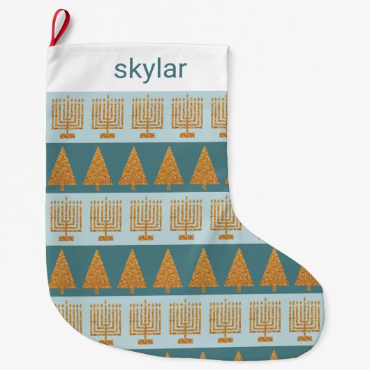 Merry Gold Blue Holiday Stripes Pattern Grote Kerstsok (Voorkant)