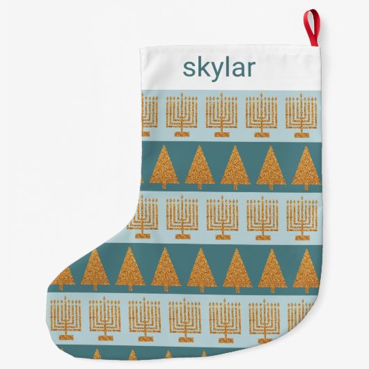 Merry Gold Blue Holiday Stripes Pattern Grote Kerstsok (Achterkant)