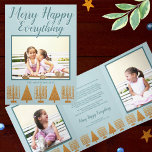 Merry Gold Blue Interfaith Elegant 3 Foto Drieluik Wenskaart<br><div class="desc">Luxe gepersonaliseerde drievoudige vakantiekaarten in dit faux gouden en blauwe MERRY HAPPY EVERYTHING interreligieuze ontwerp met 3 van uw foto's is een elegante manier om dit jaar vakantieloon te sturen. Een rij van faux gold Chanoeka Menora’s en bijpassende goudkleurige kerstbomen langs de onderkant van deze pastelblauwe en donkerblauwe foto-wenskaarten wordt...</div>