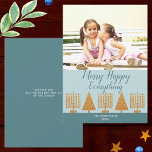 Merry Gold Blue Stijlvol Voeg uw foto toe Feestdagenkaart<br><div class="desc">Voeg uw foto toe aan deze stijlvolle vakantiepakketten in pastelblauw, donkerblauw en een vleugje wit met een moderne interreligieuze gouden Menora en boomontwerp. De fotosjabloon maakt het uploaden van uw afbeelding naar de bovenkant van deze kaarten eenvoudig en voegt vervolgens jouw naam toe in een eenvoudig wit lettertype aan de...</div>