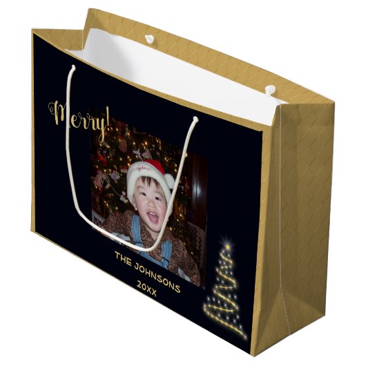 Merry! ~ Gold kerstboom ~ Familiefoto Groot Cadeauzakje (Voorkant Gekanteld)