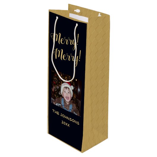 Merry! ~ Gold kerstboom ~ Familiefoto Wijn Cadeautas (Voorkant Gekanteld)