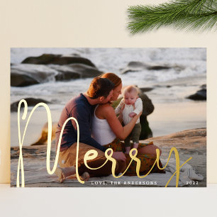Merry Gold Kerstmis Vol Bleed Foto Modern Folie Feestdagenkaart