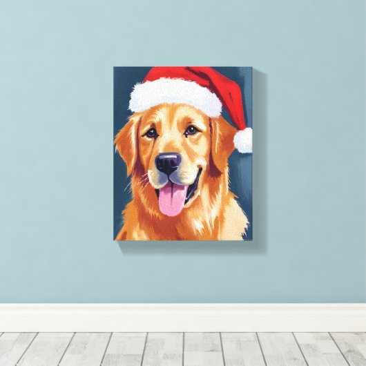 Merry Golden Retriever | Kerstman Hat Hond Kerstmi Canvas Afdruk (Insitu (Houten vloer))