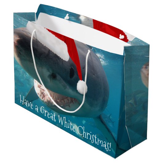 Merry Great White KerstShark Santa Hat Funny Groot Cadeauzakje (Achterkant Gekanteld)