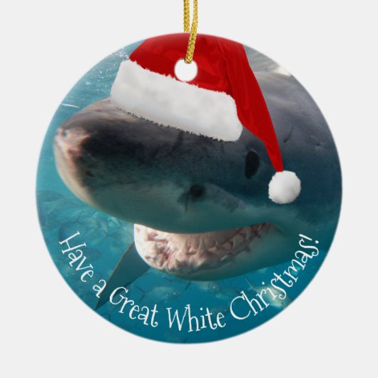 Merry Great White KerstShark Santa Hat Funny Keramisch Ornament (Voorkant)