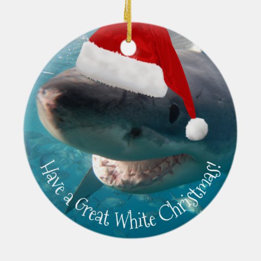 Merry Great White KerstShark Santa Hat Funny Keramisch Ornament (Achterkant)