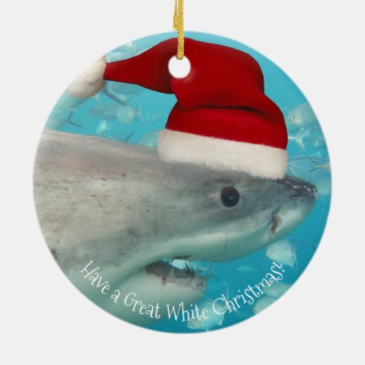Merry Great White KerstShark Santa Hat Funny Keramisch Ornament (Achterkant)