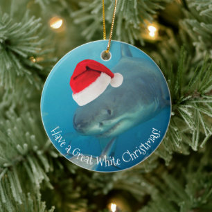 Merry Great White KerstShark Santa Hat Funny Keramisch Ornament