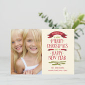 Merry Greetings Red Banner Holiday Fotokaart Feestdagenkaart (Staand voorkant)