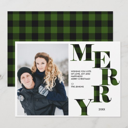 Merry | Groene Buffalo Plaid Photo Holiday Kaart (Voorkant / Achterkant)