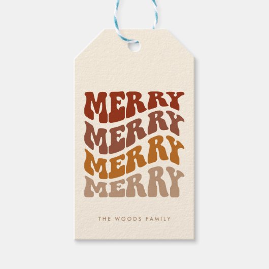 Merry Groovy Wavy Brown Typografie Kerst Cadeaulabel (Voorkant)