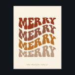 Merry Groovy Wavy Brown Typografie Kerst Feestdagenkaart<br><div class="desc">Merry Merry Christmas Kaart: een retro ontwerp,  met een golvende  typografie en een gedempt bruin en beige palet.</div>