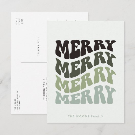 Merry Groovy Wavy Green Typography Christmas Feestdagenkaart (Voorkant / Achterkant)