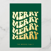 Merry Groovy Wavy Green Typography Christmas Folie Feestdagenkaart (Voorkant)