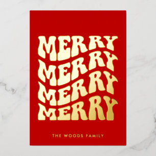Merry Groovy Wavy Red Typography Christmas Folie Feestdagenkaart