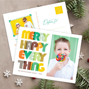 Merry Happy Alles Colorful Typografie Foto Feestdagenkaart
