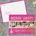 Merry Happy Chrismukkah 4 Foto Berry Pink Gold Folie Feestdagen Briefkaart<br><div class="desc">Creëer uw eigen luxe echte gouden folie vakantie begroeten briefkaarten met deze eenvoudige maar toch elegante vier foto ontwerp in donkerroze en goud met een gestileerde kerstboom en een minimalistische Menorah voor Chanoeka. Vrolijk vrolijk Chrismukkah! Voeg je vier favoriete foto's toe met de eenvoudige sjabloon-uploader en kijk hoe je afbeeldingen...</div>