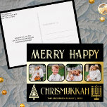 Merry Happy Chrismukkah 4 Foto Black en Gold Folie Feestdagen Briefkaart<br><div class="desc">Creëer uw eigen luxe echte gouden folie vakantie begroeten briefkaarten met deze eenvoudige maar toch elegante vier foto ontwerp in zwart en goud met een gestileerde kerstboom en een minimalistische Menorah voor Chanoeka. Vrolijk vrolijk Chrismukkah! Voeg uw vier favoriete foto's toe met de eenvoudige sjabloon-uploader en kijk hoe uw afbeeldingen...</div>