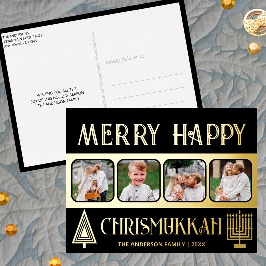 Merry Happy Chrismukkah 4 Foto Black en Gold Folie Feestdagen Briefkaart