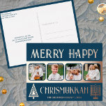 Merry Happy Chrismukkah 4 Foto Blue en Roos Gold Folie Feestdagen Briefkaart<br><div class="desc">Creëer uw eigen luxe echte rozen gouden folie vakantie begroeting briefkaarten met deze eenvoudige maar toch elegante vier foto ontwerp in donkerblauw en rozen goud met een gestileerde kerstboom en een minimalistische Menorah voor Chanoeka. Vrolijk vrolijk Chrismukkah! Voeg je vier favoriete foto's toe met de eenvoudige sjabloon-uploader en kijk hoe...</div>